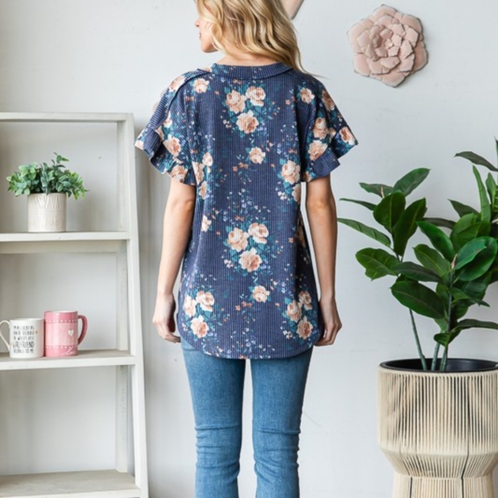 New Heimish Navy Floral Ribbed Top - Picture 4 of 4